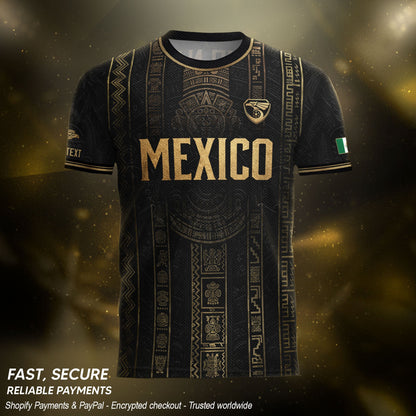 Mexico Soccer Jersey Personalized Name Number Black Aztec Glyph Black Football Kit