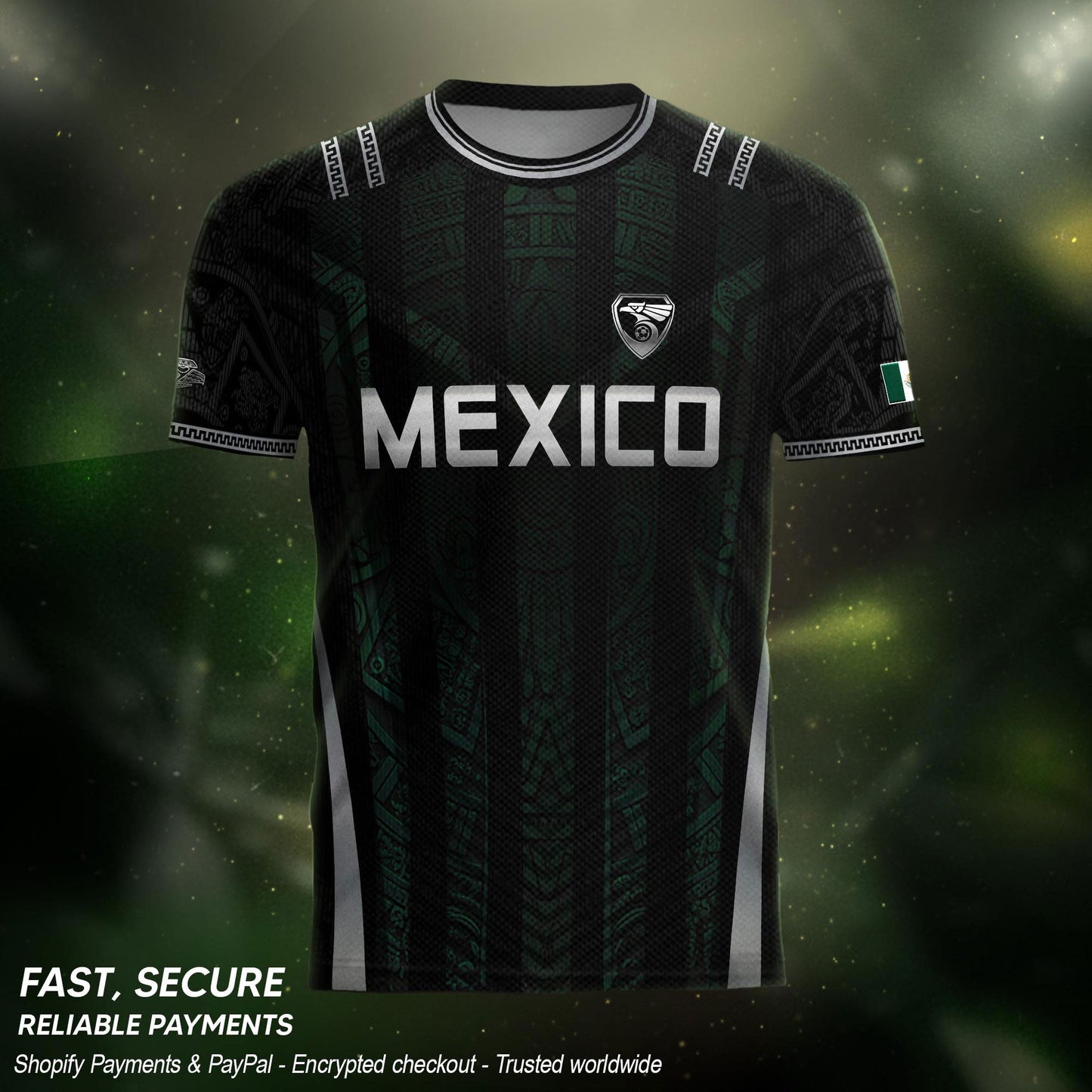 Mexico Soccer Jersey Black Eagle Crest Football Fan Men Shirt Aztec Design Tee