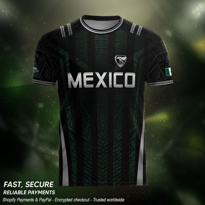 Mexico Soccer Jersey Black Eagle Crest Football Fan Men Shirt Aztec Design Tee