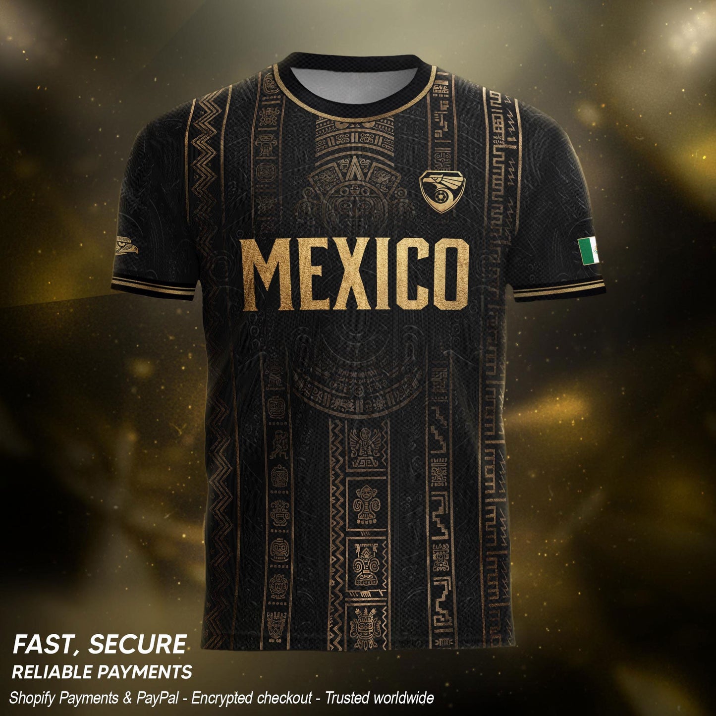 Mexico Soccer Jersey Black Eagle Crest Football Fan Men Shirt Aztec Design Tee