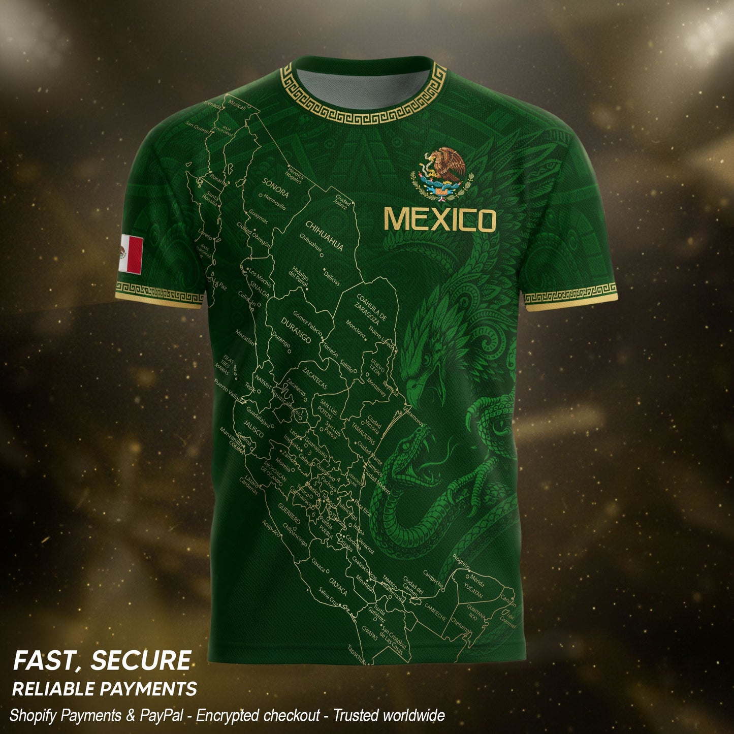 Men's Green Mexico Map Eagle & Snake Graphic T-Shirt – Mexico Country Outline Print Tee