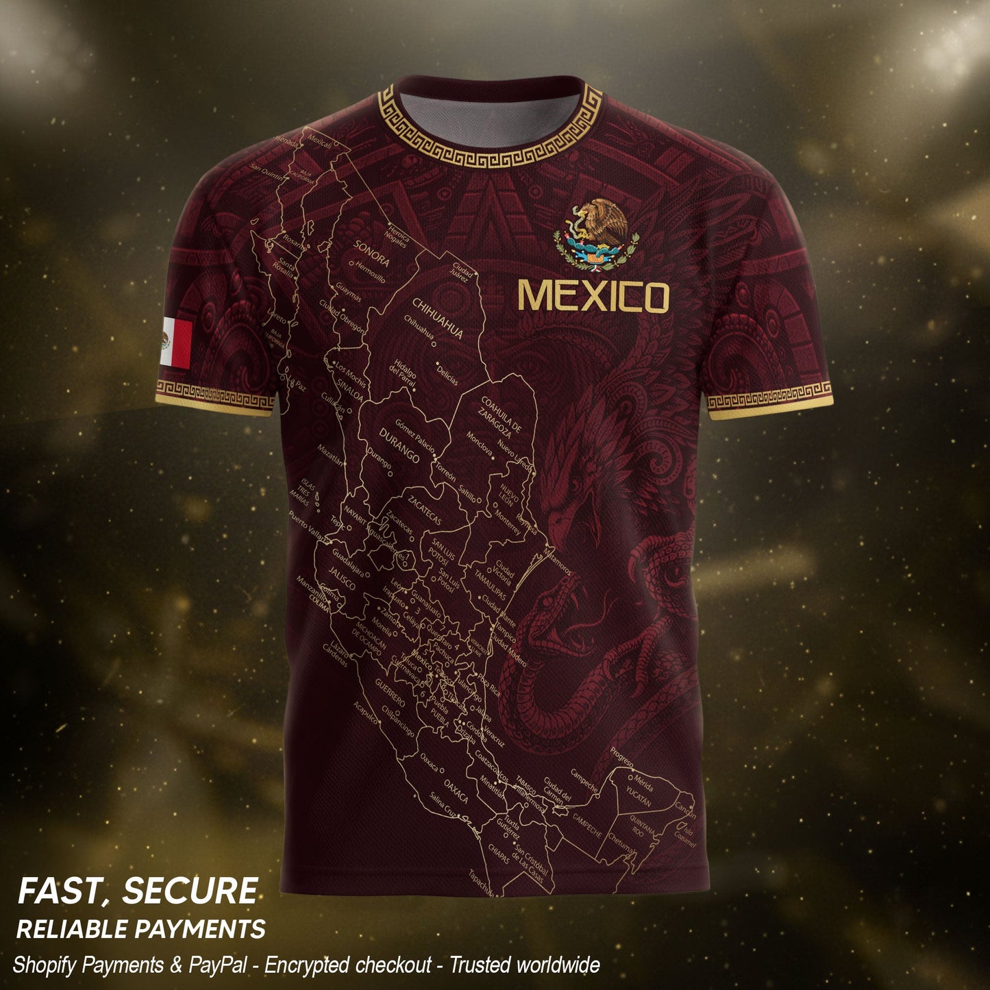 Men's Burgundy Mexico Map Eagle & Snake Graphic T-Shirt – Mexico Country Outline Print Tee