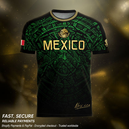 Mexico Soccer Jersey Green Black Aztec Sun Stone - Mexico Fan Heritage Style Shirt