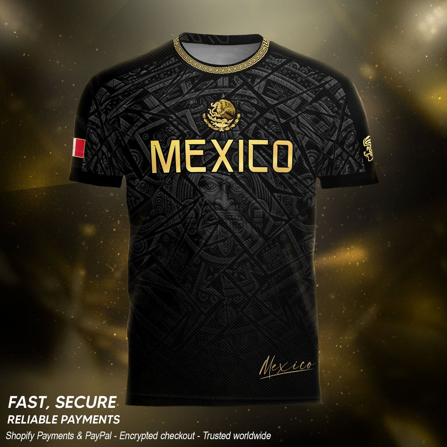 Mexico Soccer Jersey Black Gold Aztec Pattern – Football Shirt for Men Fans