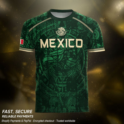 Mexico Soccer Jersey Green Eagle Crest - Aztec Sun Stone Heritage Fan Football Men Shirt