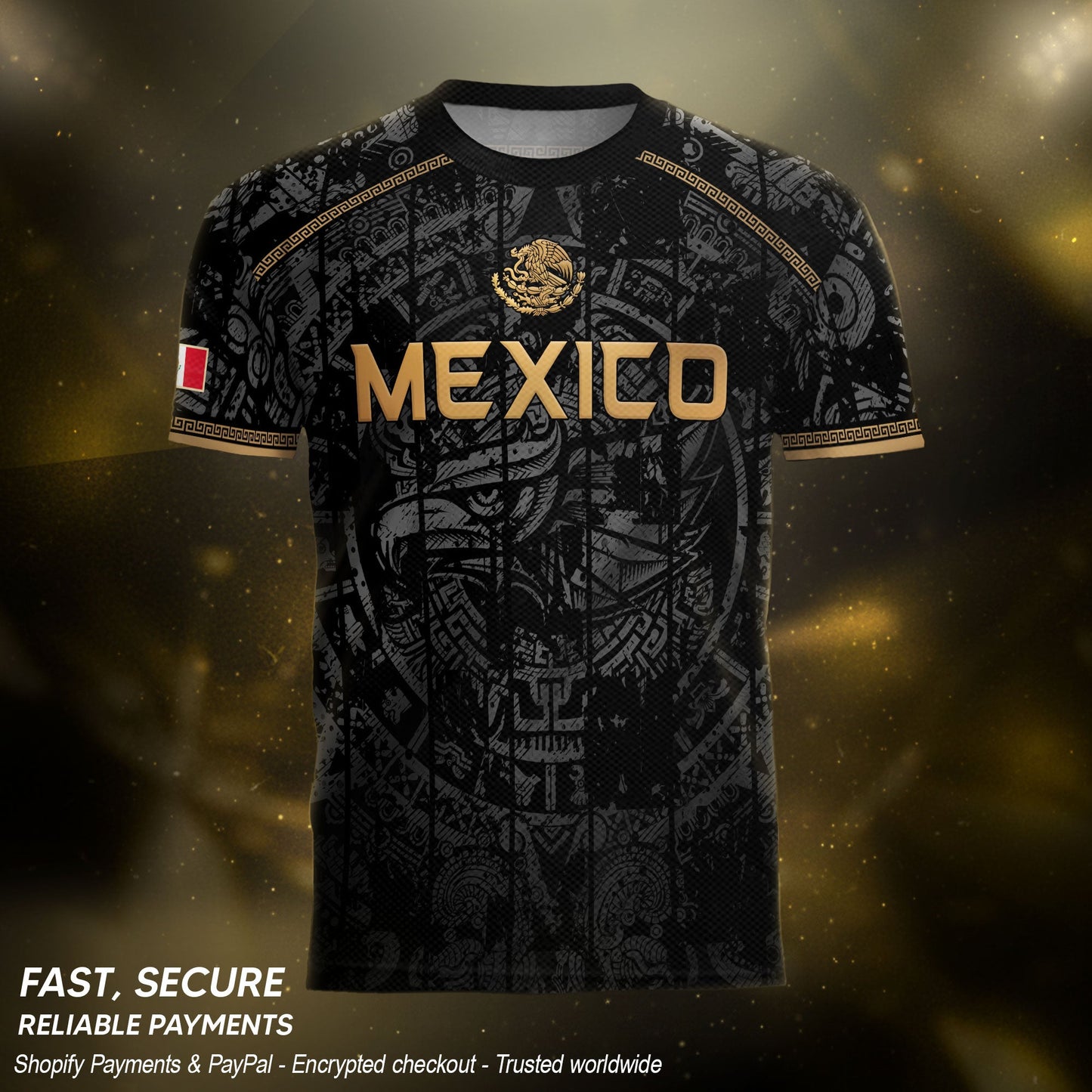 Mexico Soccer Jersey Black Eagle Crest - Aztec Sun Stone Heritage Fan Football Shirt