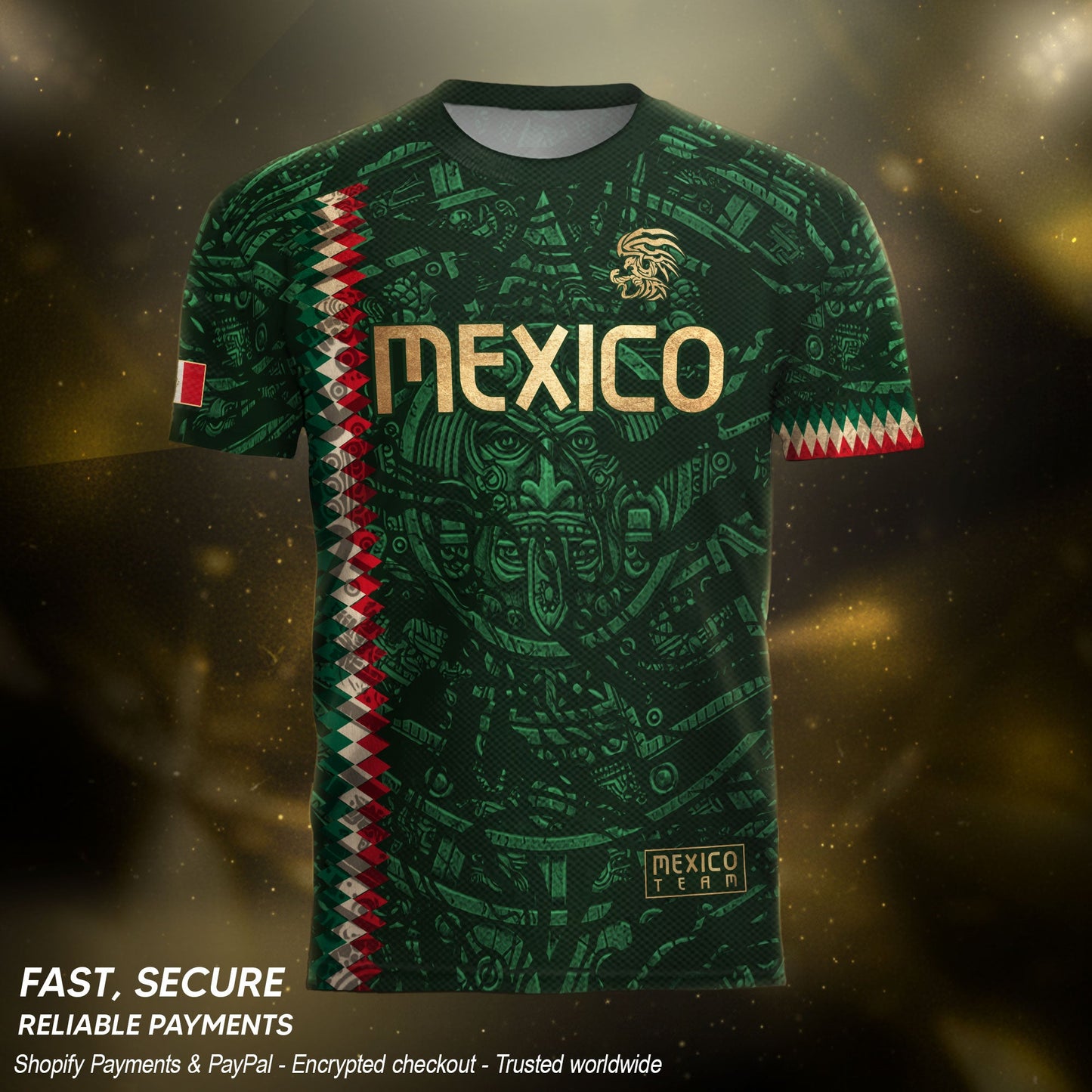Mexico Soccer Jersey Green Gold Aztec Sun Stone - Mexico National Team Fan Heritage Shirt