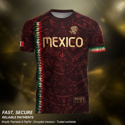 Mexico Soccer Jersey Maroon Gold Aztec Heritage - Mexico National Team Fan Football Shirt