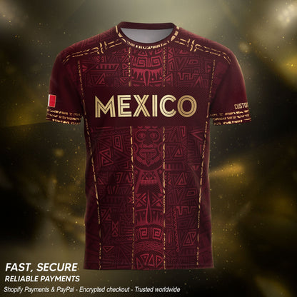 Mexico Soccer Jersey - Aztec Mayan Heritage Pattern - Personalized Maroon Football Shirt