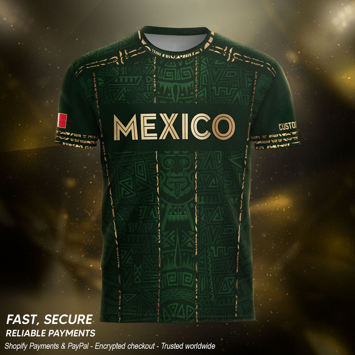 Mexico Soccer Jersey Custom Name - Green Aztec Heritage Pattern Tribal Football Shirt