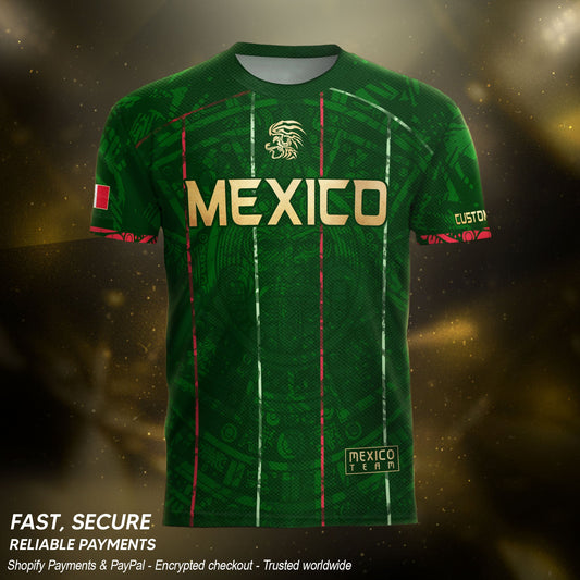 Custom Mexico Soccer Jersey – Green Aztec Pattern Striped Football Shirt with Custom Name Number