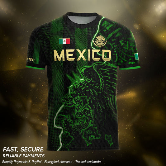Custom Mexico Soccer Jersey – Black Green Aztec Serpent Lightning Football Shirt