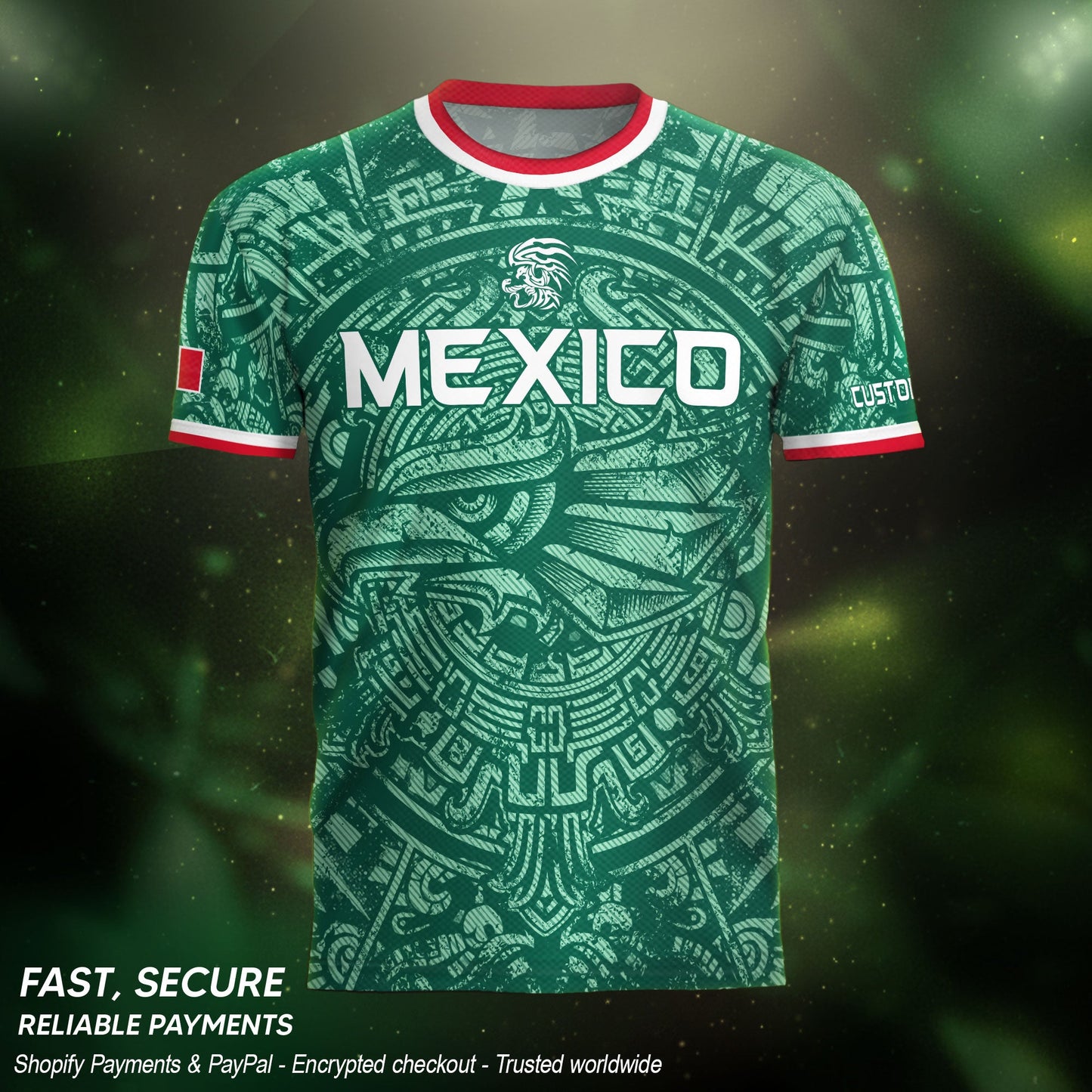 Mexico Soccer Jersey Custom Name - Green Aztec Calendar & Eagle Heritage Football Shirt