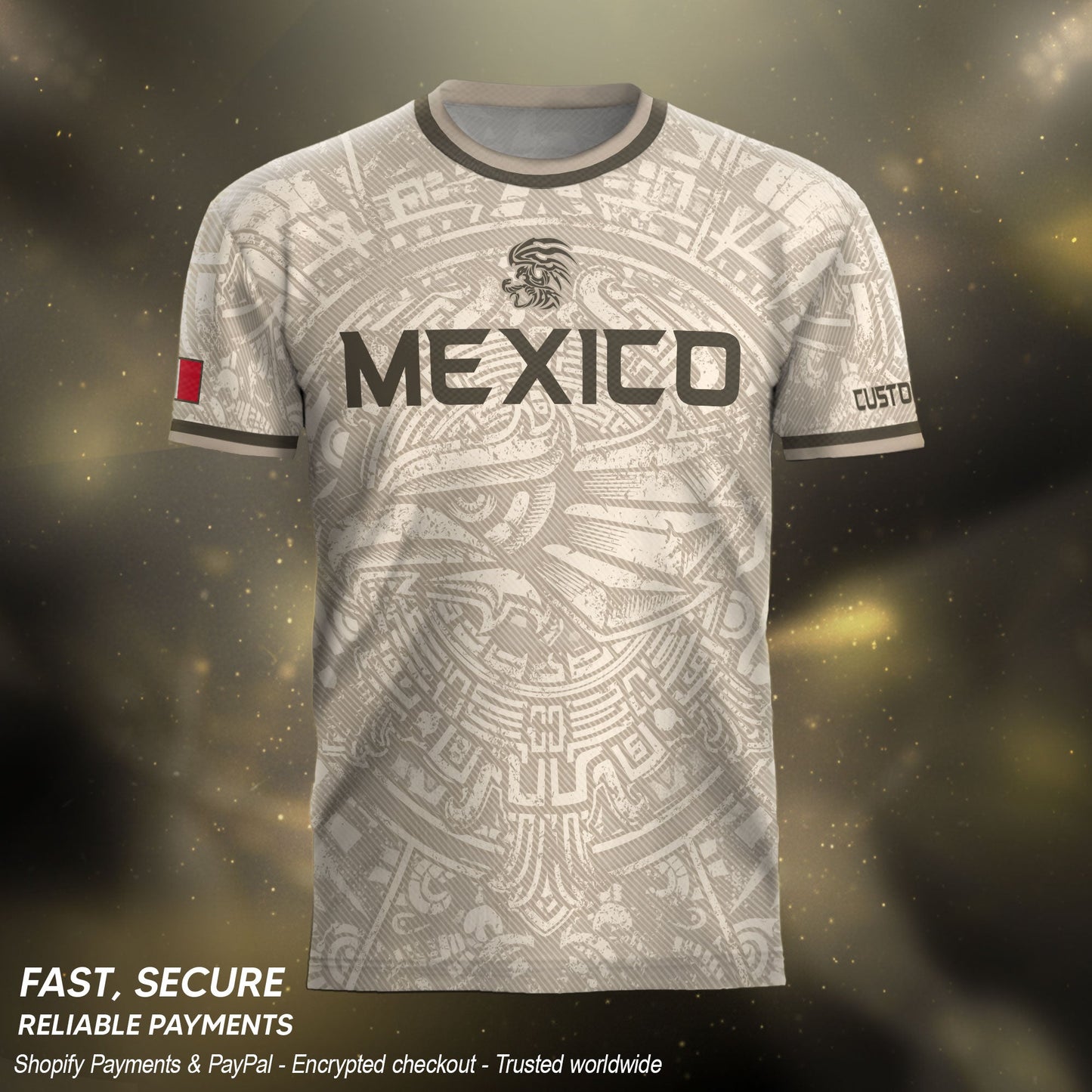 Custom Mexico Soccer Jersey Beige Aztec Calendar & Quetzalcoatl Heritage Fan Shirt