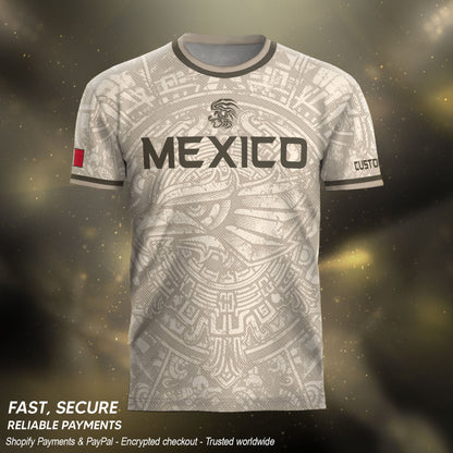 Custom Mexico Soccer Jersey Beige Aztec Calendar & Quetzalcoatl Heritage Fan Shirt