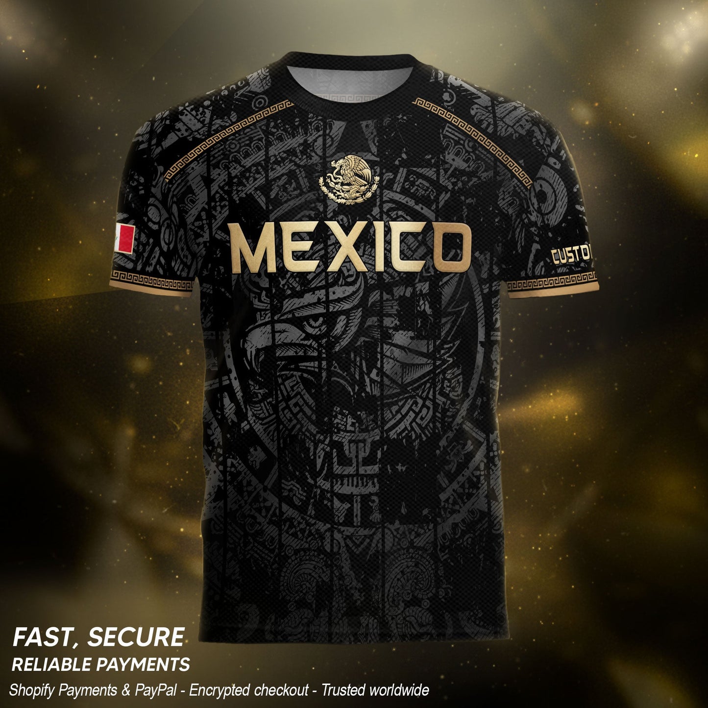 Mexico Soccer Jersey Custom Name - Black Gold Aztec Calendar Heritage Football Shirt