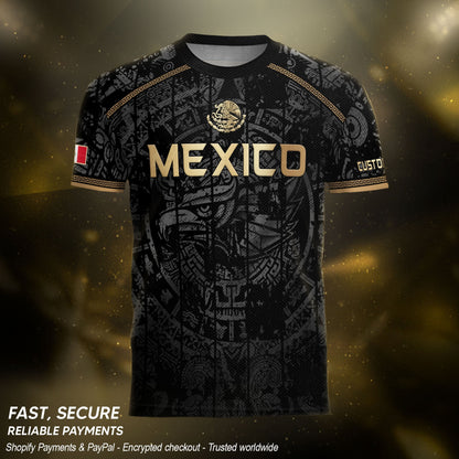 Mexico Soccer Jersey Custom Name - Black Gold Aztec Calendar Heritage Football Shirt