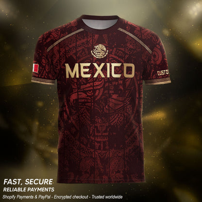 Personalized Mexico Soccer Jersey - Maroon Gold Aztec Calendar Heritage Football Shirt