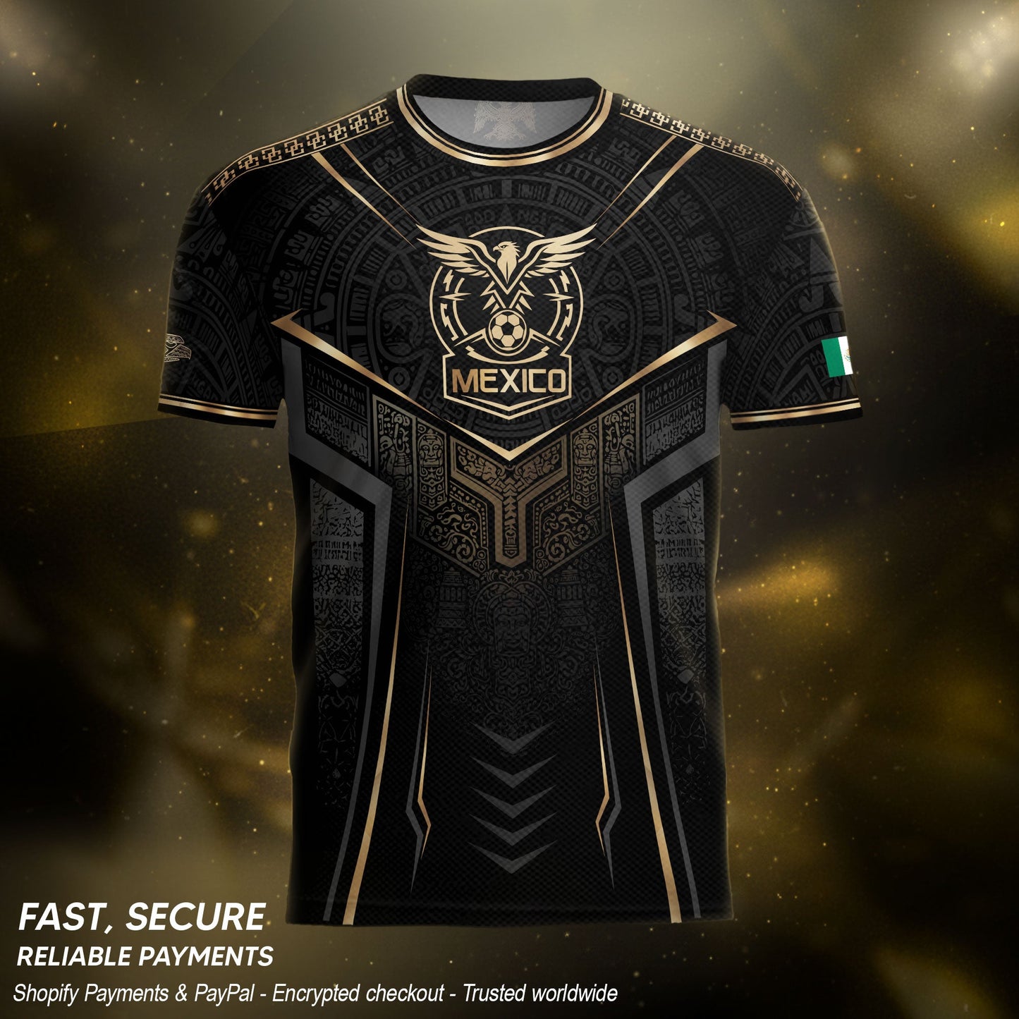 Mexico Soccer Jersey - Black & Gold Aztec Sun Stone Tribal Football Shirt