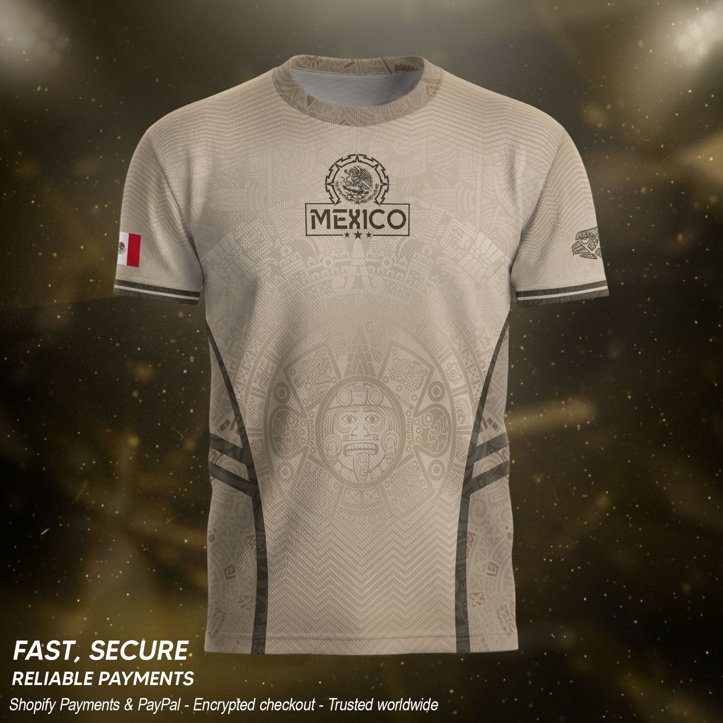 Mexico Soccer Jersey Aztec Eagle Sun Calendar Beige Tan Football Shirt for Fans