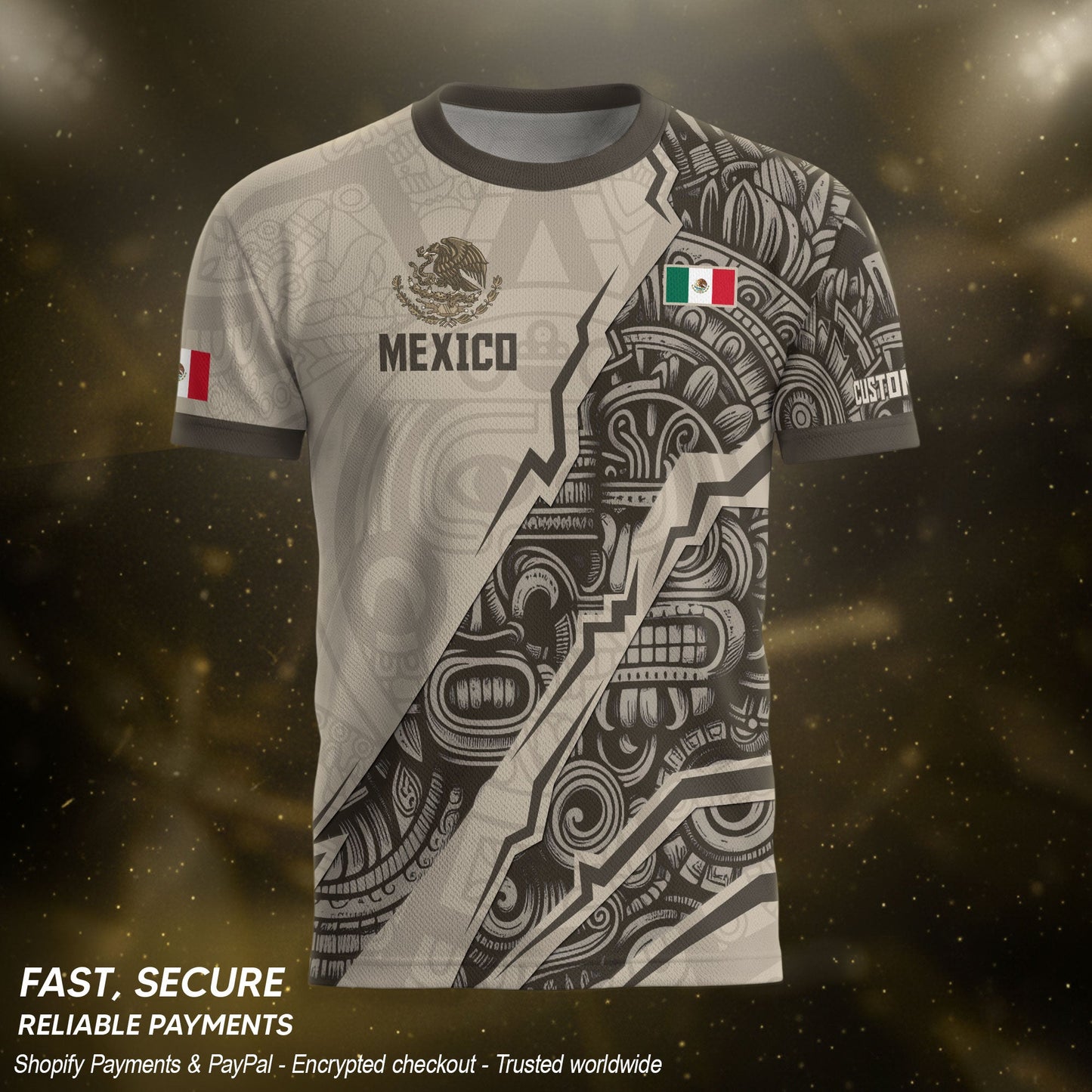 Custom Beige Mexico Soccer Jersey Aztec Eagle Heritage Gold Trim Mexican Football Shirt
