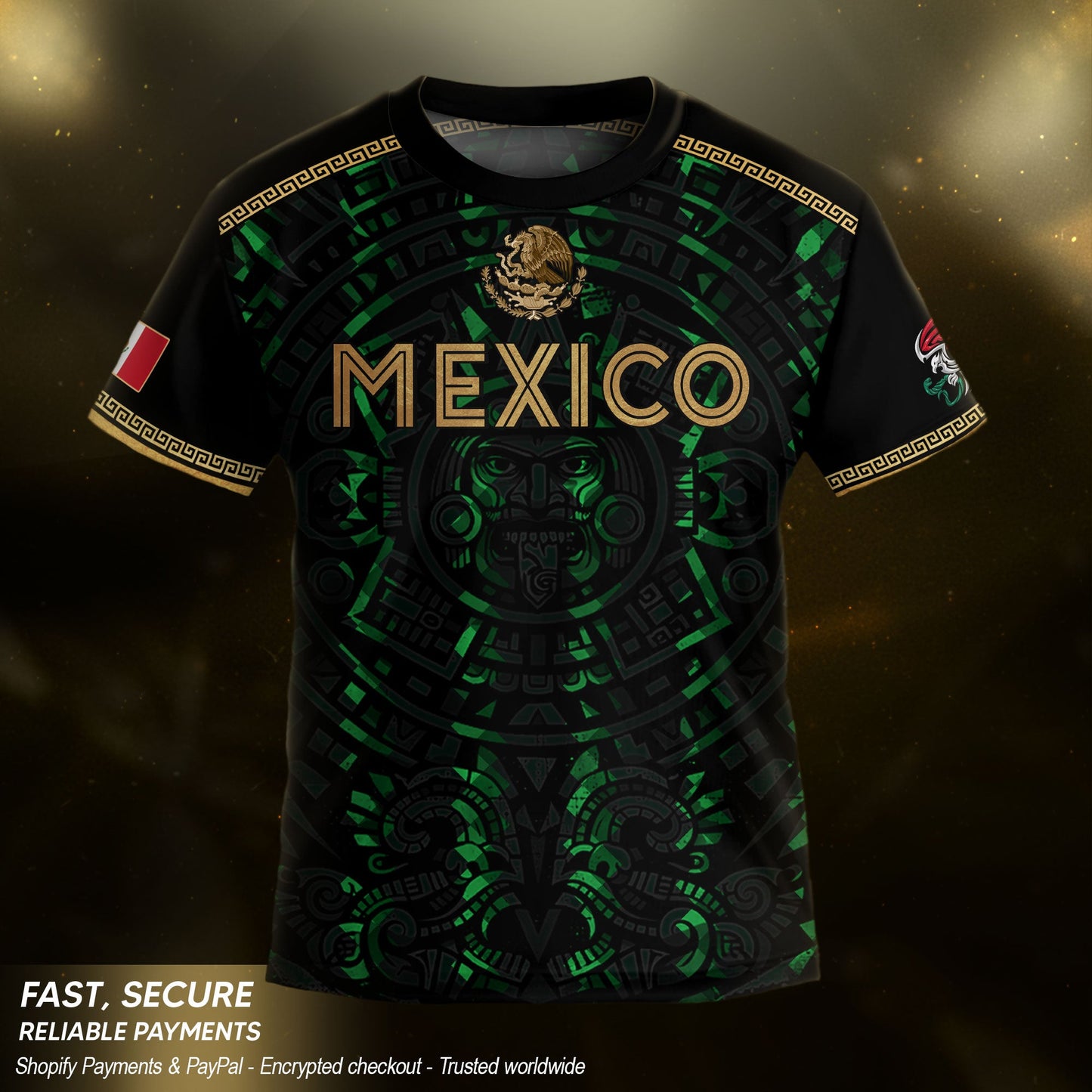 Mexico Kids Soccer Jersey Black Green Aztec Calendar Gold Youth Football Shirt