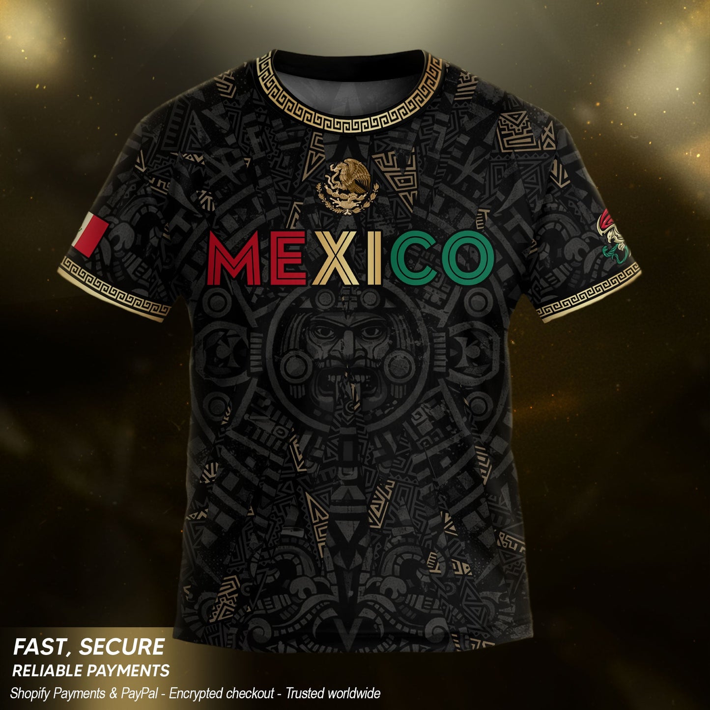 Mexico Kids Soccer Jersey Black Aztec Calendar Tricolor Gold Youth Football Shirt