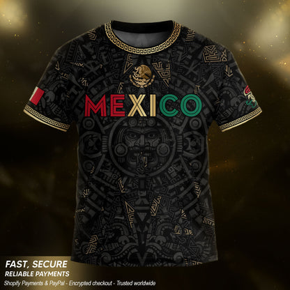 Mexico Kids Soccer Jersey Black Aztec Calendar Tricolor Gold Youth Football Shirt