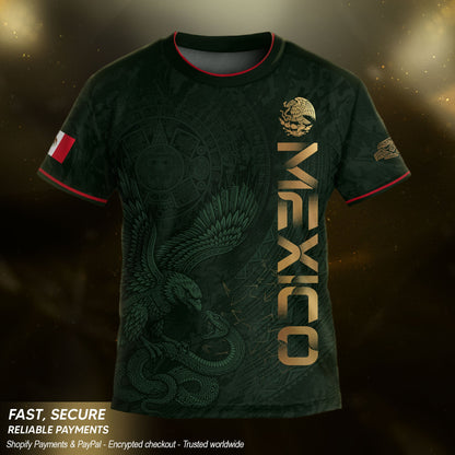 Mexico Kids Soccer Jersey Youth Green Gold Aztec Eagle Heritage Football Graphic Shirt