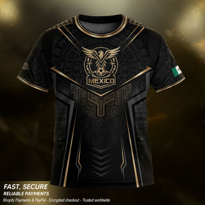 Mexico Youth Soccer Jersey Set Aztec Graphic Kids Football Uniform Black Gold Sportswear