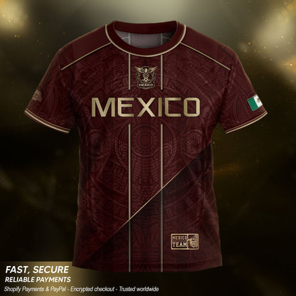 Mexico Football Fan Shirt with Maroon Gold Heritage Aztec Design, Retro Soccer Jersey Youth