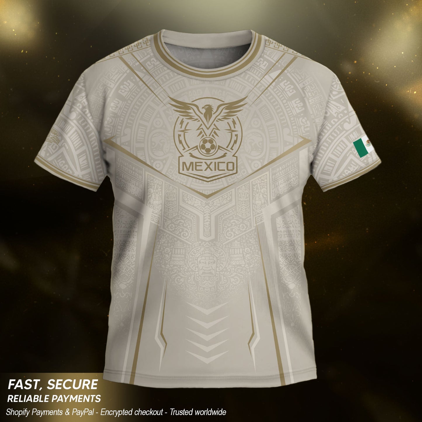 Mexico Soccer Jersey Youth White Gold Aztec Football Shirt Heritage Fan Apparel
