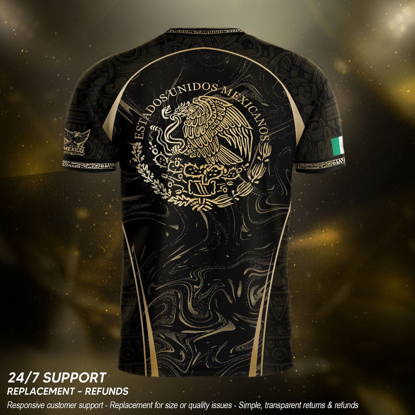 Mexico Coat of Arms Black Gold Aztec Eagle Warrior Heritage Soccer Jersey
