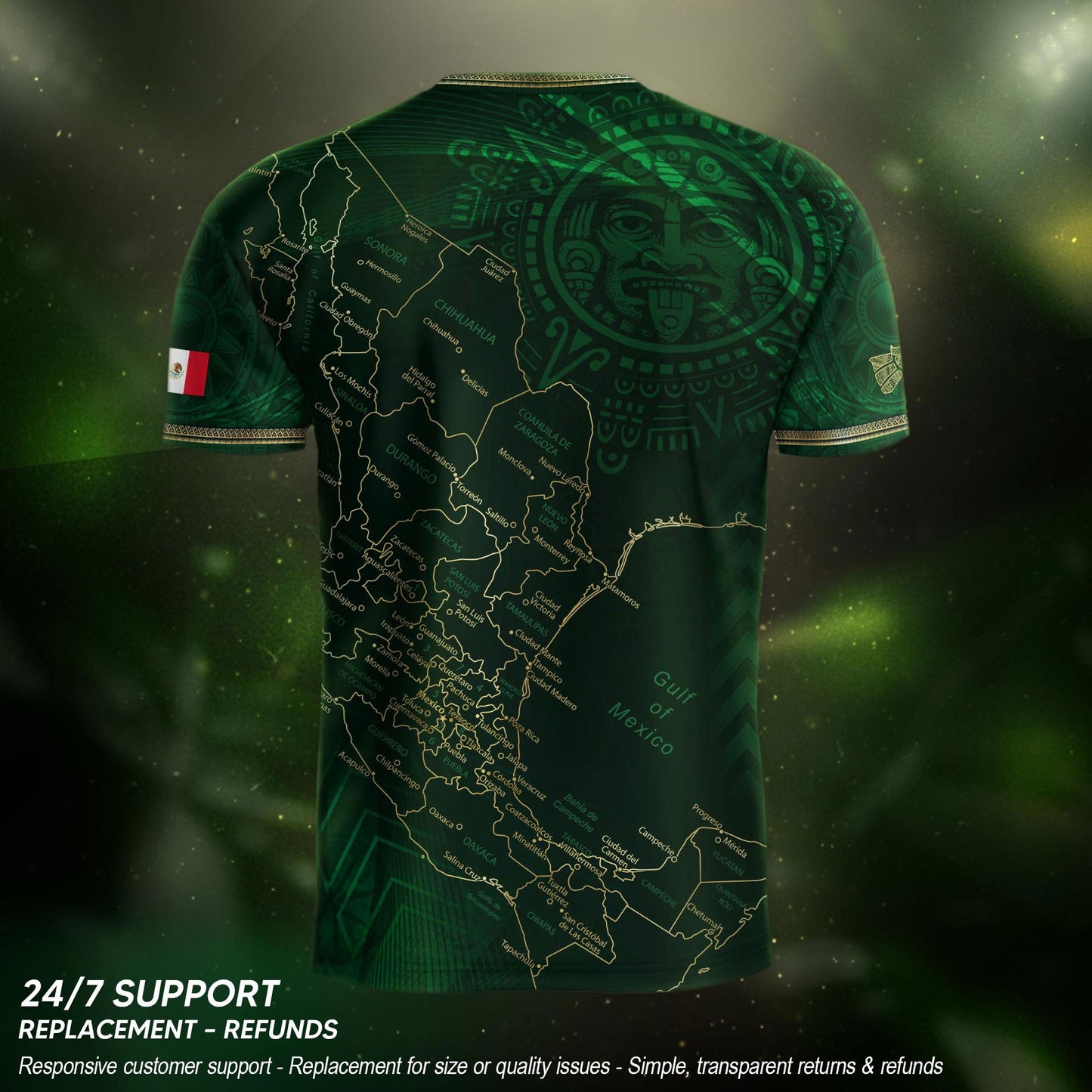 Mexico Heritage Orgullo Mexicano Green Gold Detailed Country Map Aztec Calendar Soccer Jersey