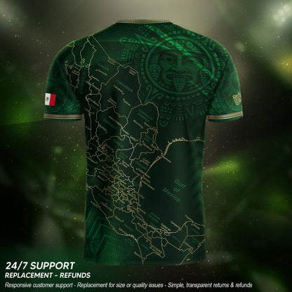 Mexico Heritage Orgullo Mexicano Green Gold Detailed Country Map Aztec Calendar Soccer Jersey