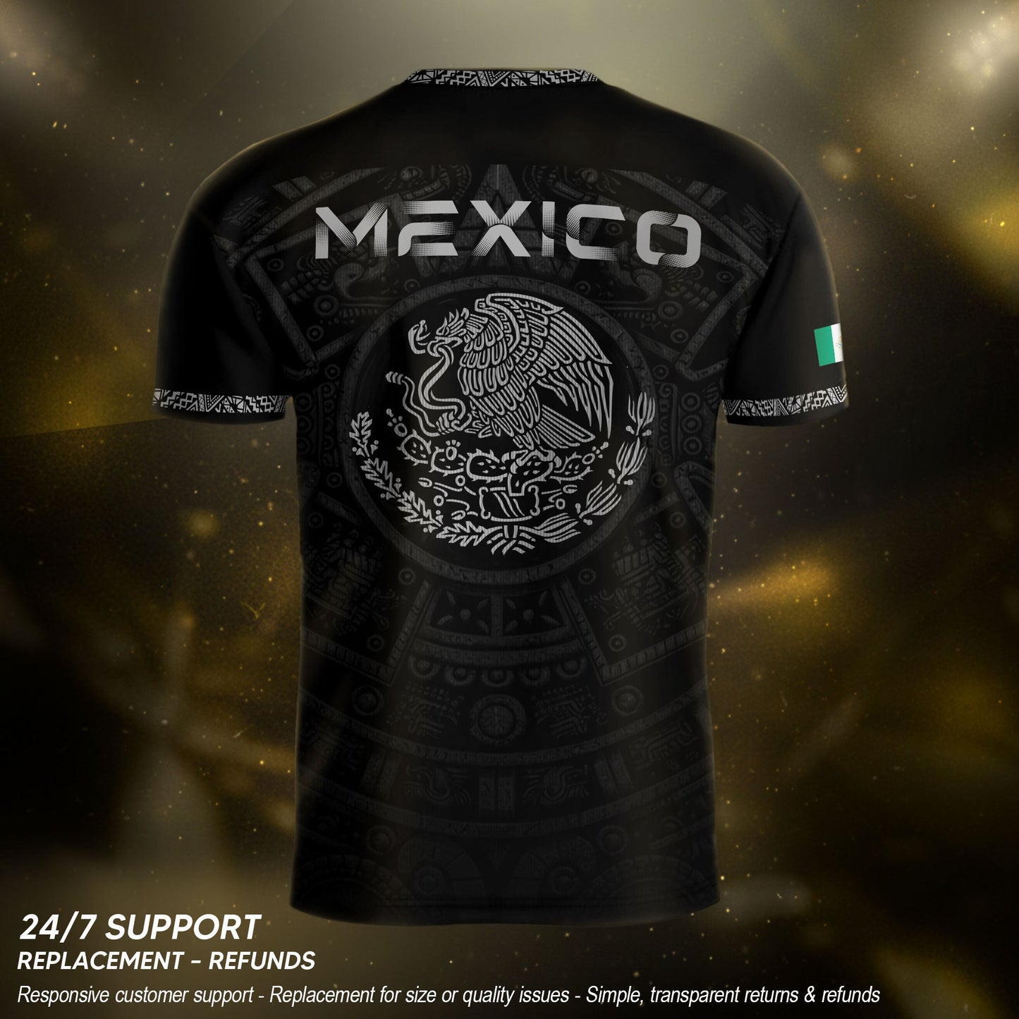 Mexico Coat of Arms Black Silver Eagle Snake Battle Aztec Calendar Heritage Soccer Jersey