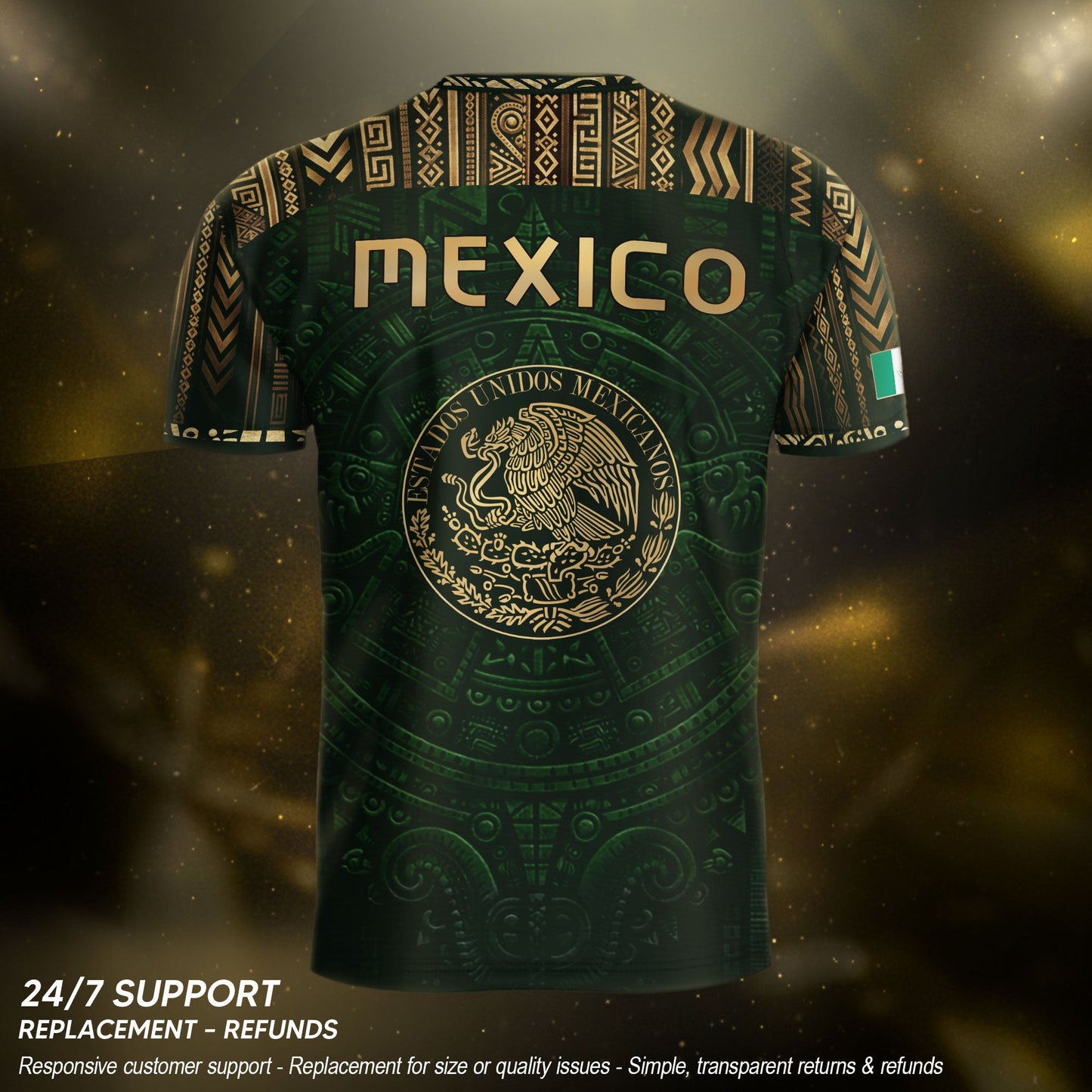 Mexico Heritage Orgullo Mexicano Green Gold Aztec Calendar Sun Stone Soccer Jersey