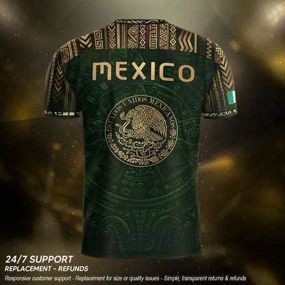 Mexico Heritage Orgullo Mexicano Green Gold Aztec Calendar Sun Stone Soccer Jersey