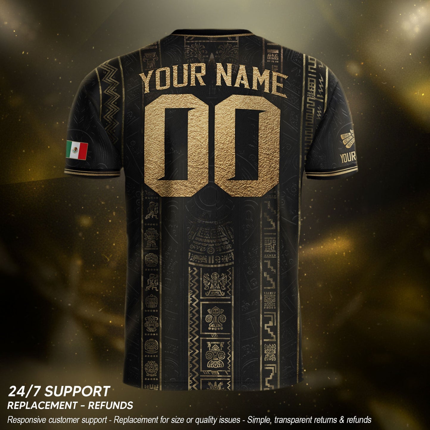 Mexico Soccer Jersey Personalized Name Number Black Aztec Glyph Black Football Kit