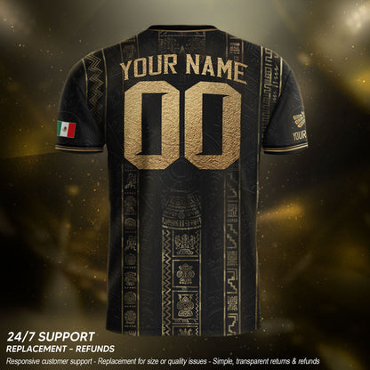 Mexico Soccer Jersey Personalized Name Number Black Aztec Glyph Black Football Kit