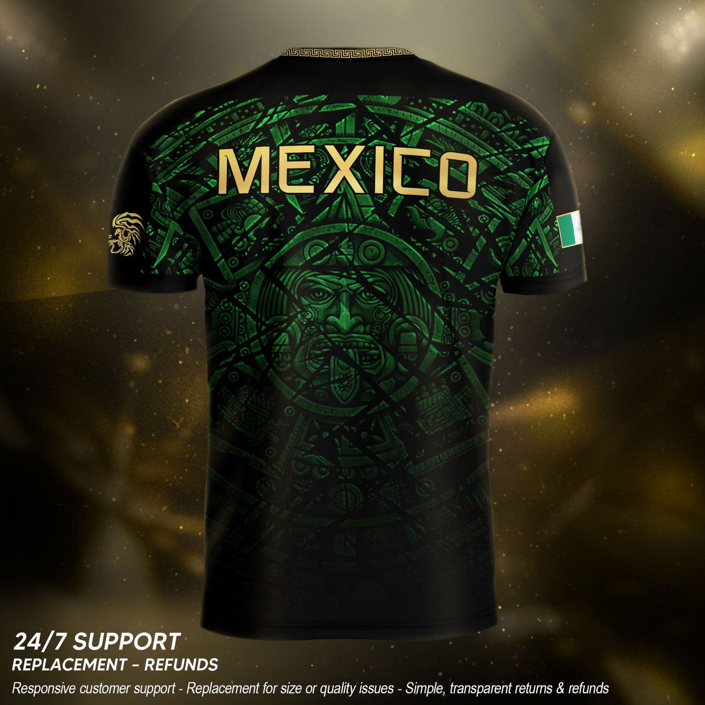 Mexico Soccer Jersey Green Black Aztec Sun Stone - Mexico Fan Heritage Style Shirt