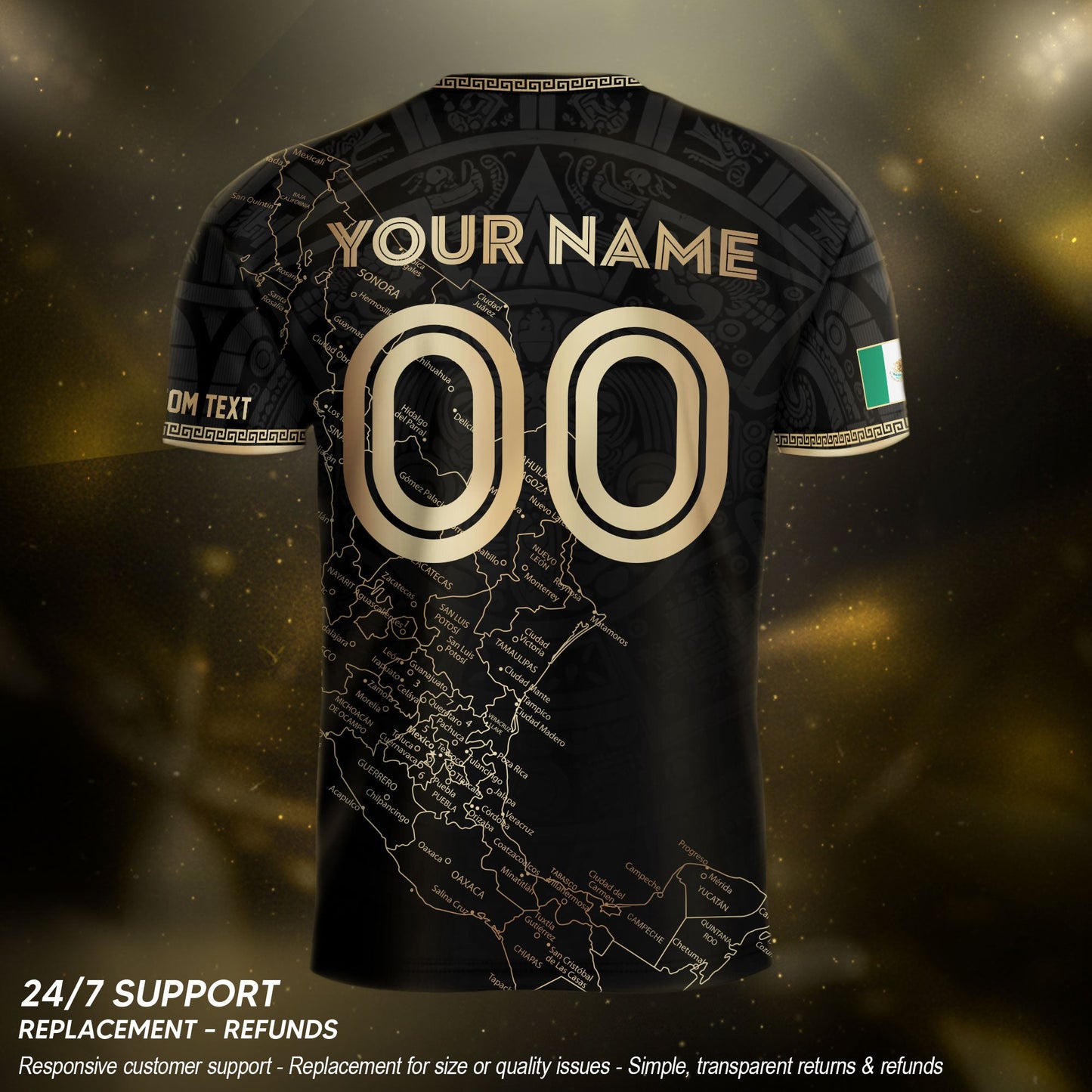 Mexico Soccer Jersey Custom Name - Black & Gold Mexico Map Heritage Football Shirt
