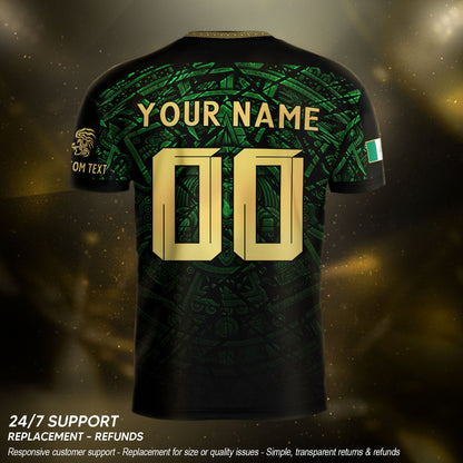 Custom Mexico Soccer Jersey – Green Aztec Calendar Pattern Black Football Shirt