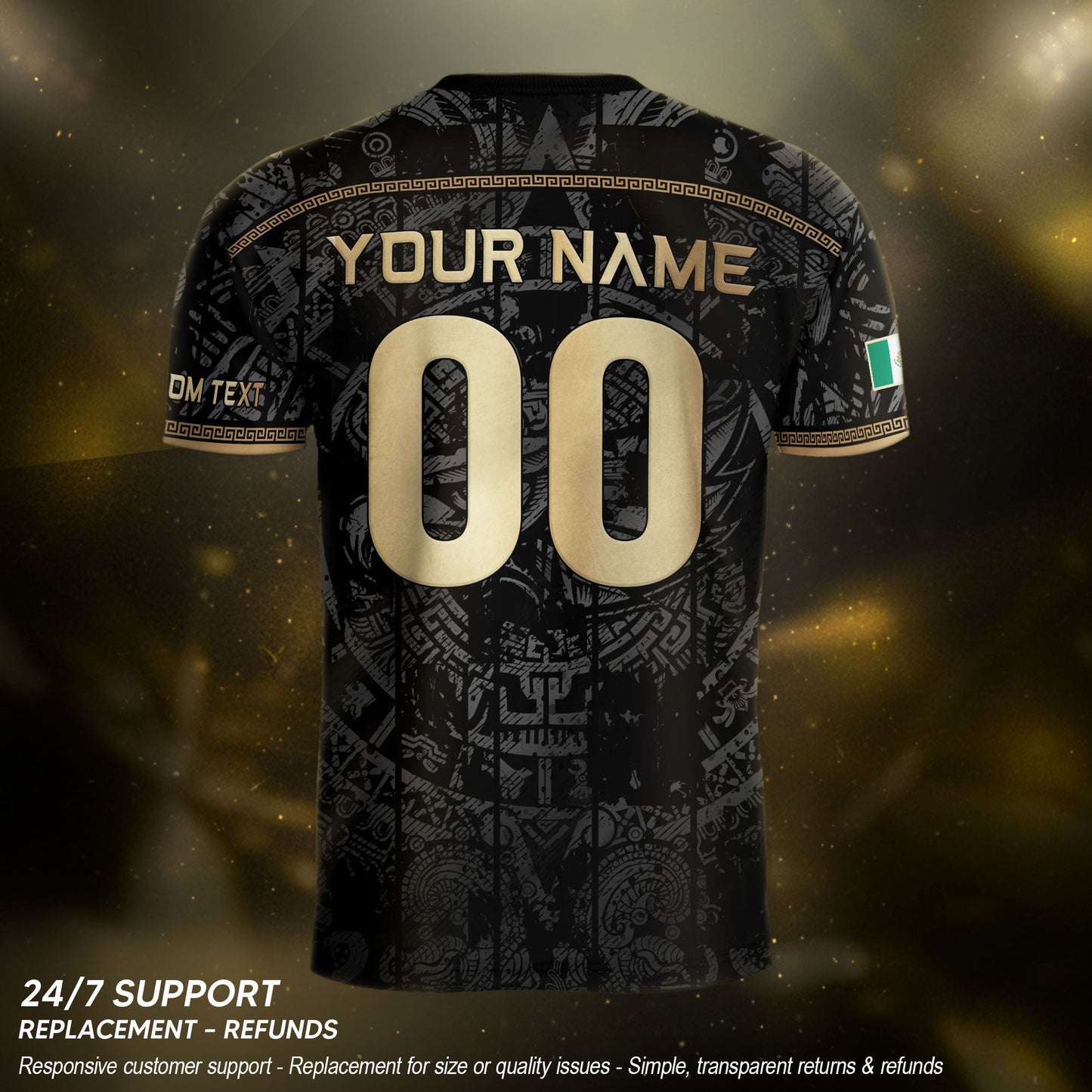 Mexico Soccer Jersey Custom Name - Black Gold Aztec Calendar Heritage Football Shirt