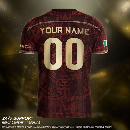 Personalized Mexico Soccer Jersey - Maroon Gold Aztec Calendar Heritage Football Shirt