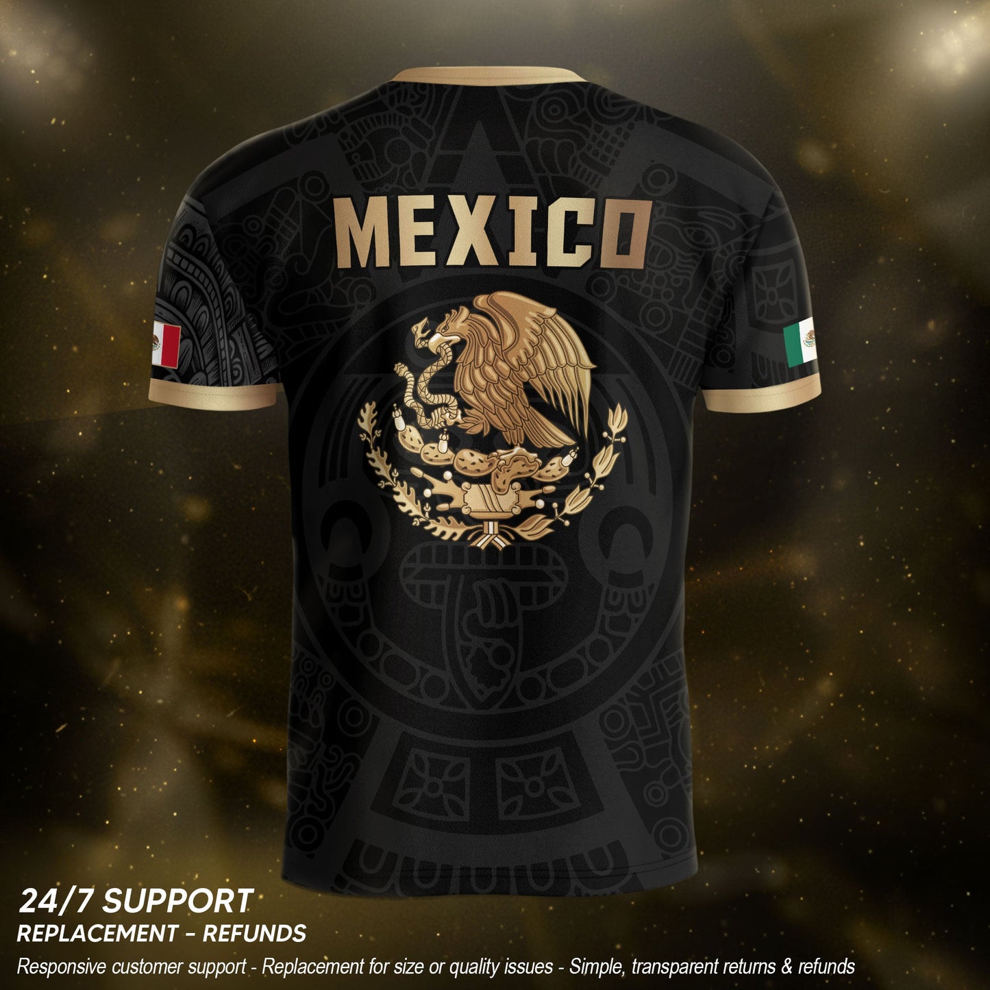 Black Mexico Soccer Jersey Aztec Calendar Design Gold Eagle Heritage Football Shirt