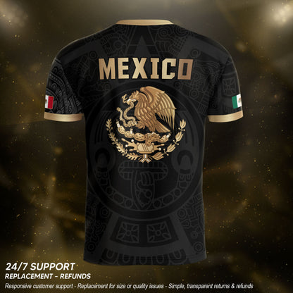 Black Mexico Soccer Jersey Aztec Calendar Design Gold Eagle Heritage Football Shirt