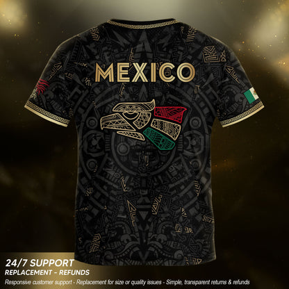 Mexico Kids Soccer Jersey Black Aztec Calendar Tricolor Gold Youth Football Shirt