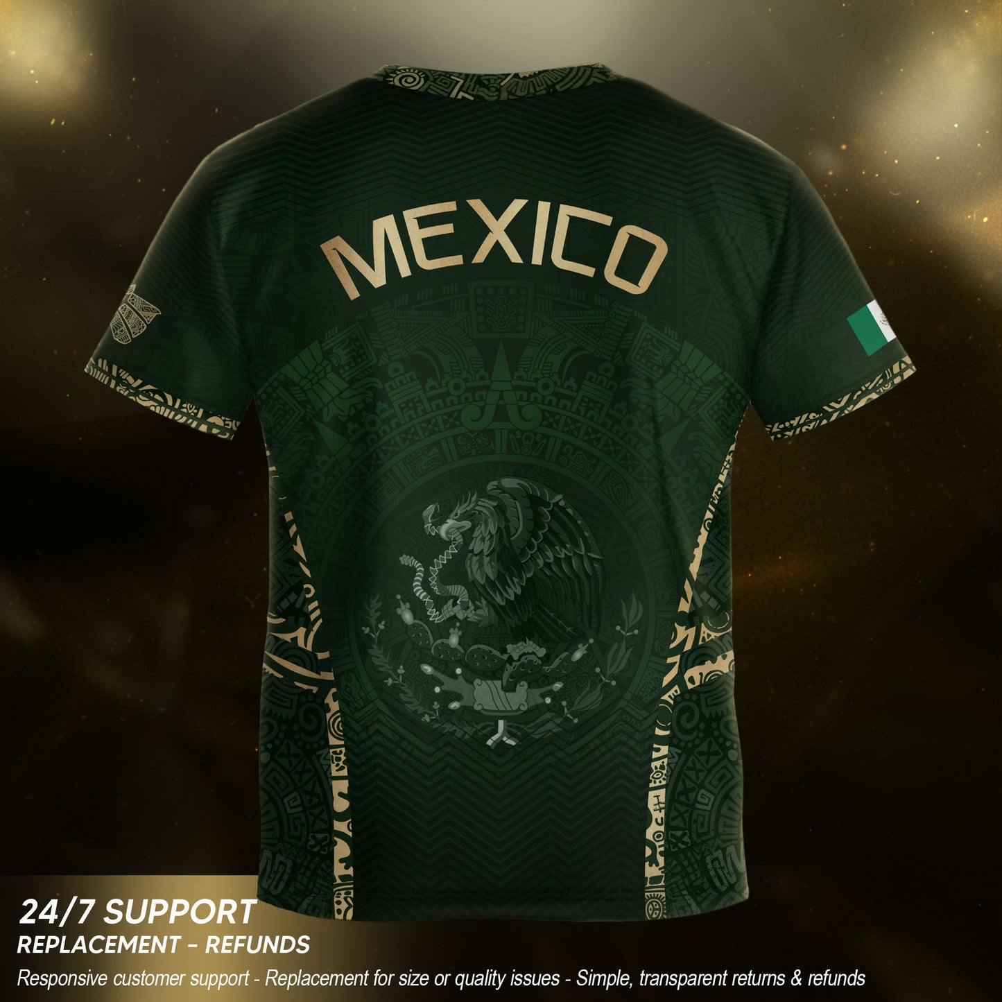 Mexico Kids Soccer Jersey Youth Green Gold Aztec Calendar Eagle Heritage Football Shirt