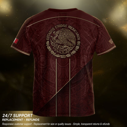 Mexico Football Fan Shirt with Maroon Gold Heritage Aztec Design, Retro Soccer Jersey Youth